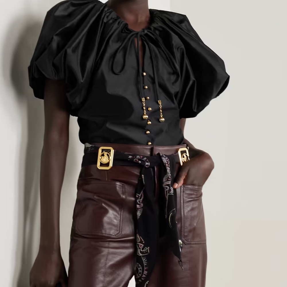 LANVIN black gathered puff sleeve taffeta blouse